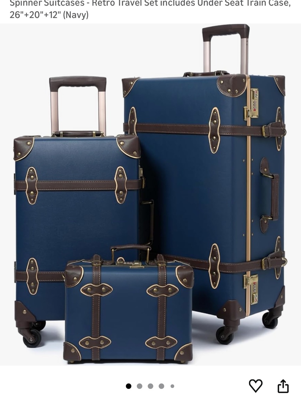 Retro Travel Spinner Luggage Set - Navy with Brown Trim